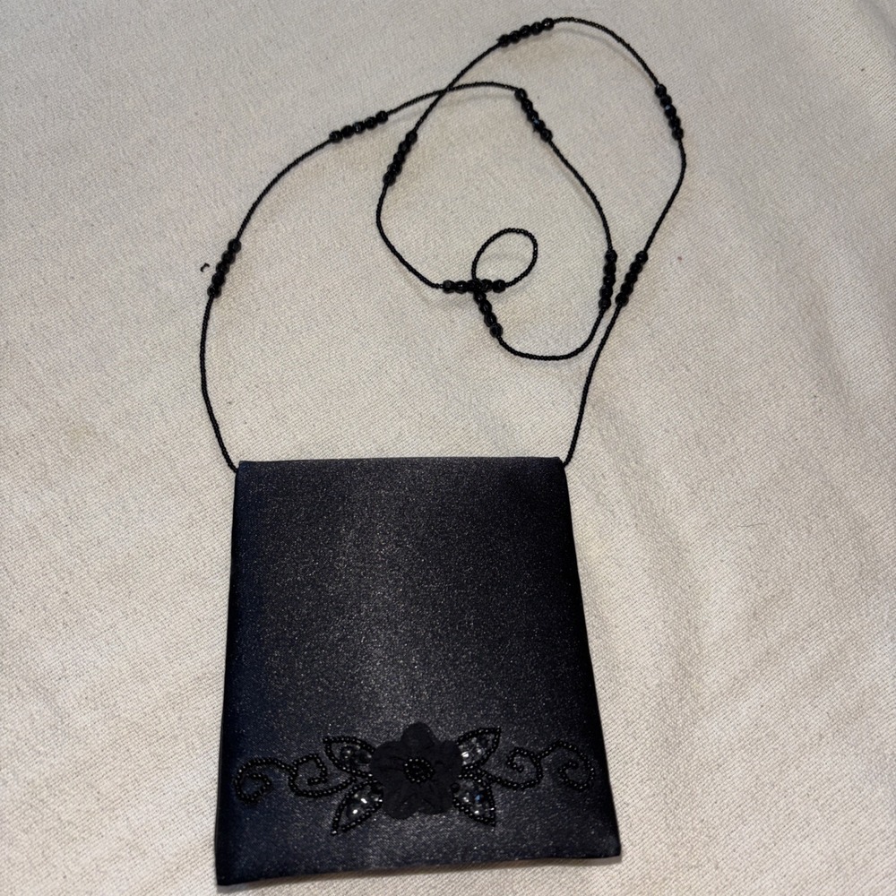 VTG Jessica McClintock Black Satin Evening Bag Beaded ‎ Accents & Strap Formal